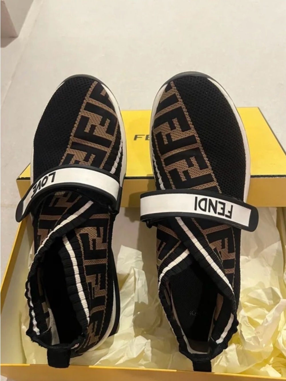 Fendi Black & Brown FF Logo Knit Strap Sneakers - Picture 2 of 5